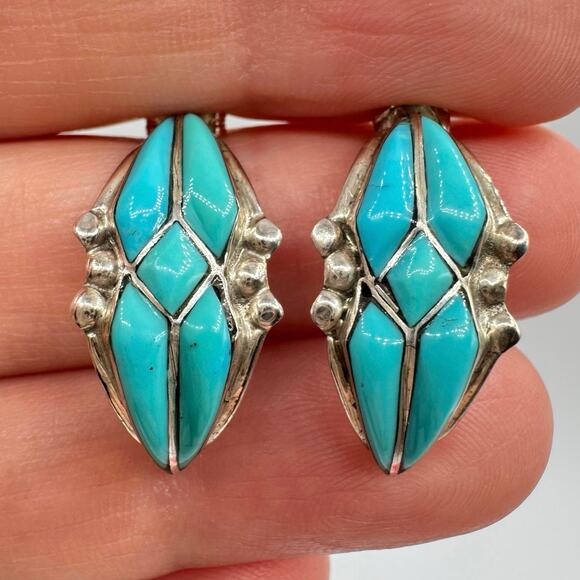 Turquoise Inlay & Silver Earrings Tribal Native Southwestern Ornate Tested Boho - Picture 1 of 12